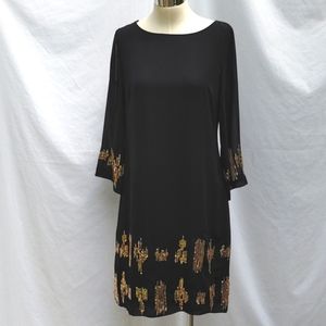 Sheer Overlay Black & gold formal dress, LBD, gold sequins, long sleeves, S